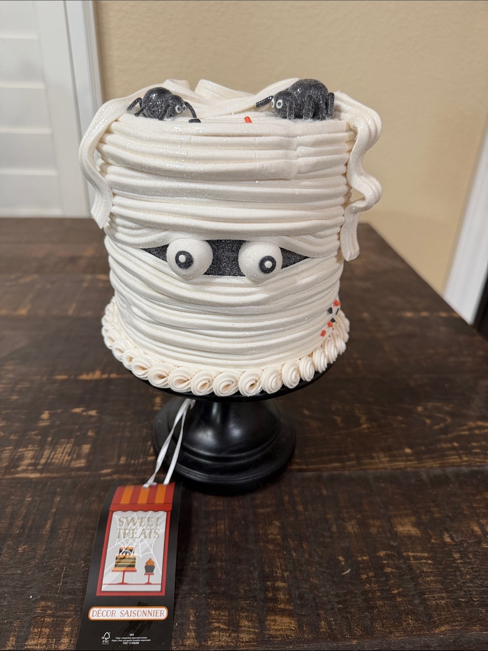 Mummy Cake Decorative Piece  - White with Black Spiders